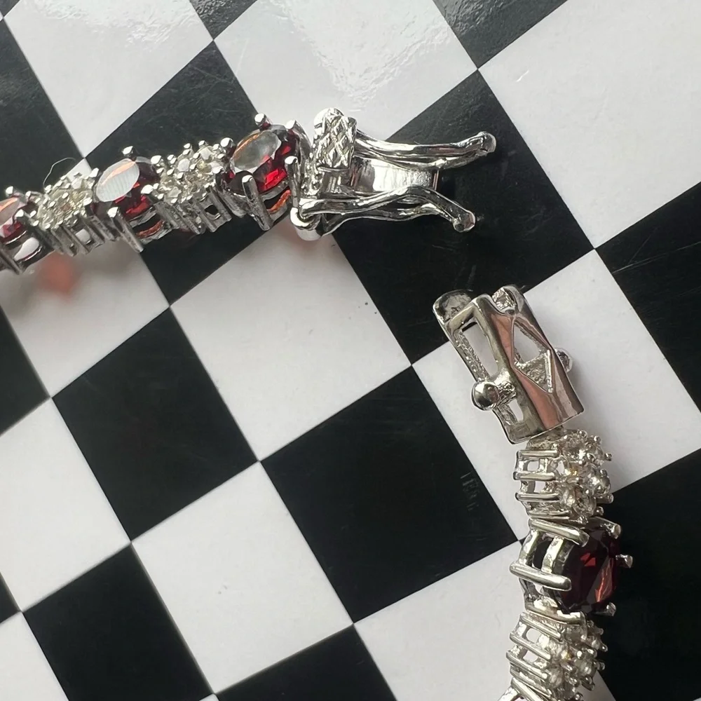 Red Garnet ♥️ Rhodium over Sterling Silver 🩶 Bracelet - Picture 11 of 15